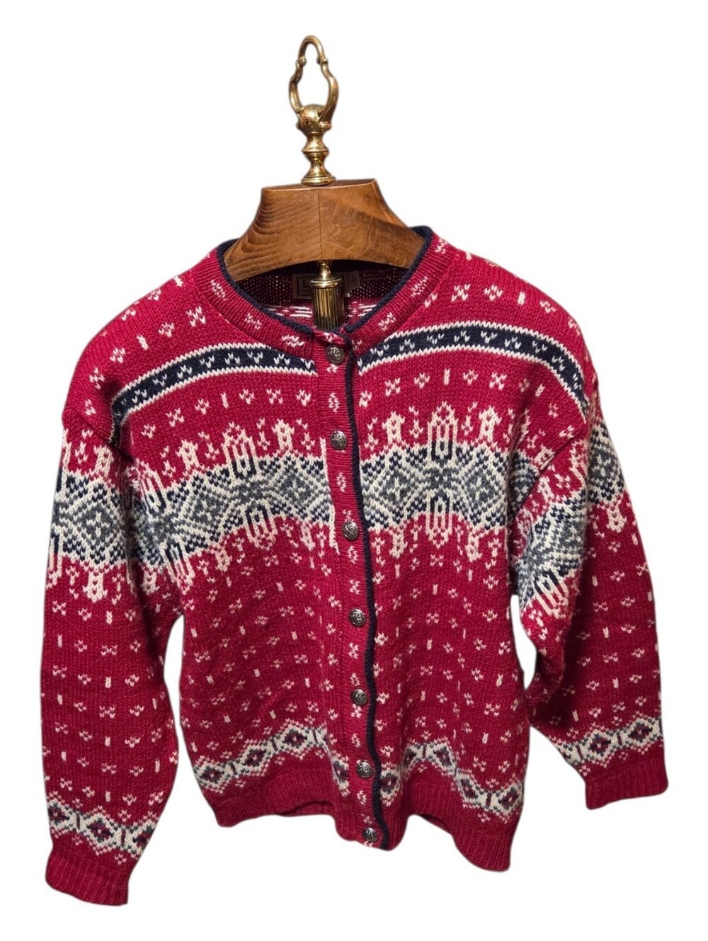 Vintage 90s Womens LL Bean Fair Isle Nordic Red Cardigan Made In USA Size Large